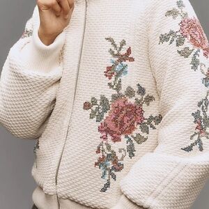 Anthropologie Embroidered Floral Bomber Cardigan Jacket Large NWT